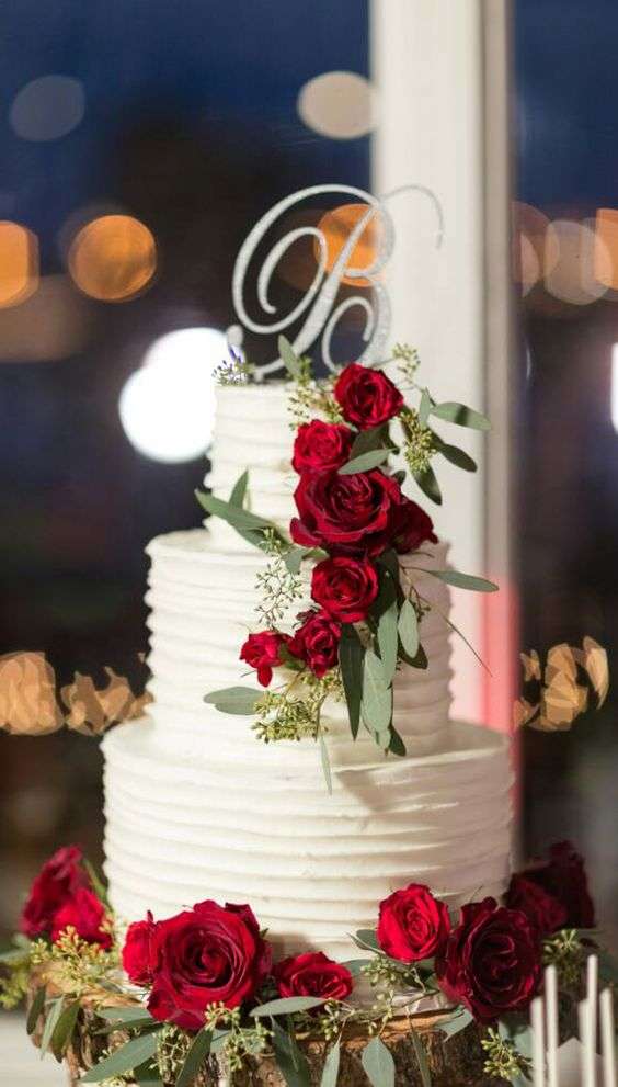 Ivory and Red Rose Wedding Cake